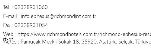 Richmond Ephesus Resort telefon numaralar, faks, e-mail, posta adresi ve iletiim bilgileri